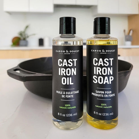 CARON & DOUCET Cast Iron Cleaning & Conditioning Set: 100% Plant-Based Seasoning Oil & Cleaning Soap, 8oz Each