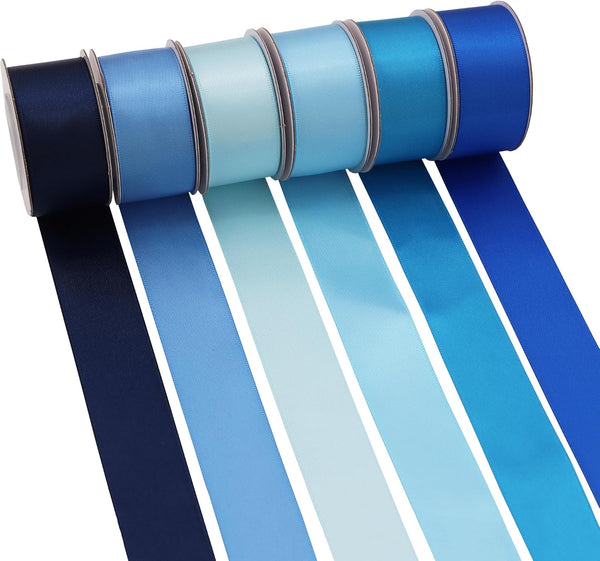 Double Face Blue Satin Ribbon, 1" x 5 Yard Each, 6 Colors for Gift Wrapping, Wedding, Baby Shower, Total 30 Yards