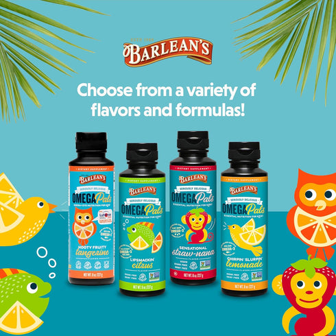 Barlean's Omega Pals Omega 3 for Kids - Yummy Straw-Nana Flavored Liquid Flax Seed Oil Supplement, 8 oz