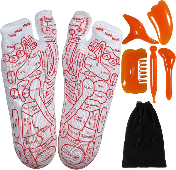 Reflexology Socks with Beginner Acupoint Massage Tools Set of 5 - Foot