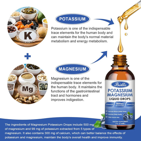 Potassium Magnesium Supplement with Calcium, Vitamin D3, Zinc, Sugar Free & Vegan Liquid Drops