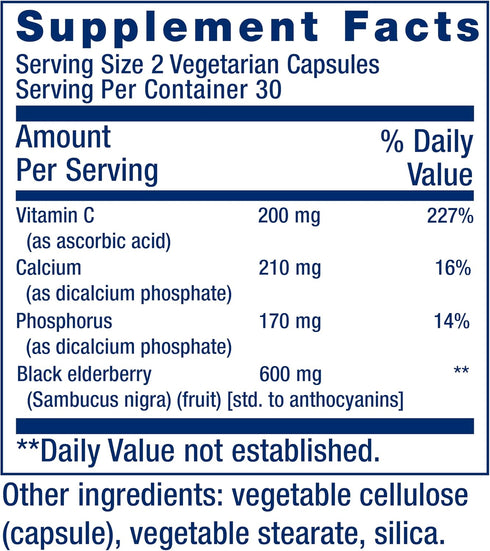 Life Extension Black Elderberry + Vitamin C, Everyday Immune Support, Gluten Free, Non-GMO, Vegetarian, 60 Capsules