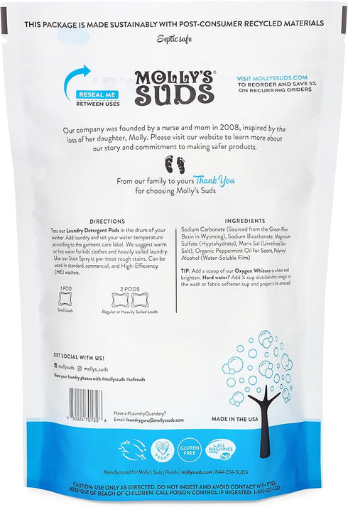 Molly's Suds Laundry Detergent Pods | Natural Detergent for Sensitive Skin | Ultra Concentrated and Stain Fighting | Peppermint - 120 Count (Value Pack)