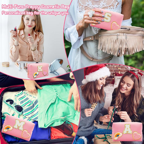 Personalized Initial Preppy Makeup Bag Set, Monogram Waterproof Travel Cosmetic Bag for Women