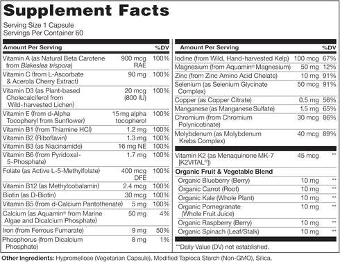 NATURELO One Daily Multivitamin for Women - Energy Support, Whole Food Supplement for Hair, Skin, Nails (60 Capsules,