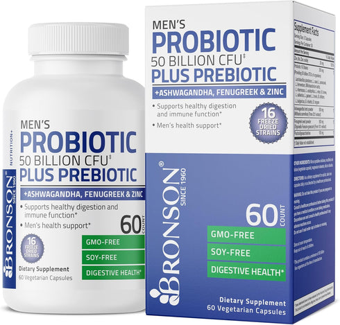 Bronson Men's Probiotic | 60 Vegetarian Capsules | 50 Billion CFU Plus Prebiotic with Ashwagandha, Fenugreek & Zinc,