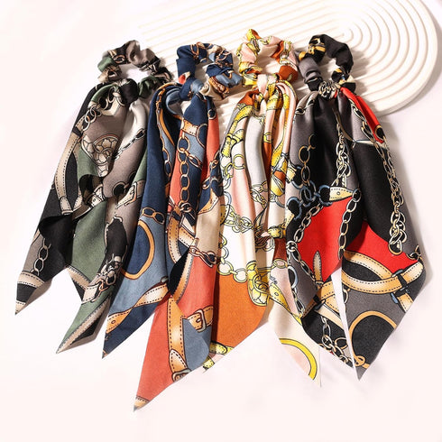 LFOUVRE 4 Pcs Chain Satin Hair Accessories, Ribbon Scrunchies with Long Tails and Knotted Hair Bands