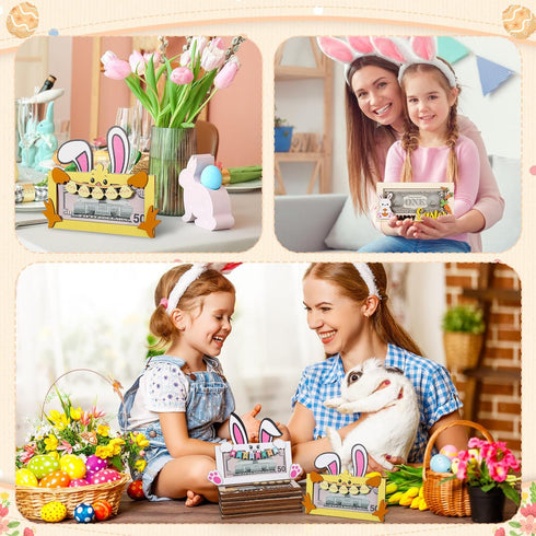 Yeyeplum 8 Set Pcs Easter Bunny Money Holder Wooden Money Holders Cash Gift Holder with Bunny Egg Chick Designs Box
