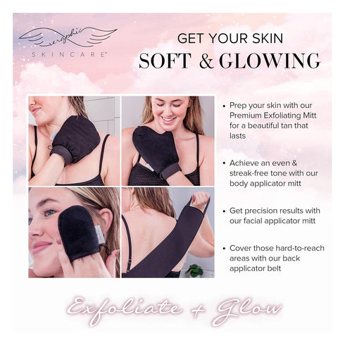 Seraphic Skincare 4-Piece Self Tanner Kit - Includes Premium Exfoliating Mitts and Applicator Belt for Perfect Tan