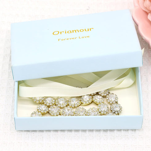Oriamour Gold Crystal Bridal Hair Accessories, Wedding Headbands with Ribbons for Bride, Bridesmaids, Girls