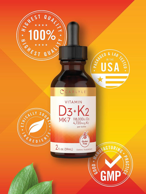 Carlyle Vitamin D3 K2 Liquid | 2 Fl Oz | MK-7 Supplement | Vegetarian, Non-GMO, Gluten Free
