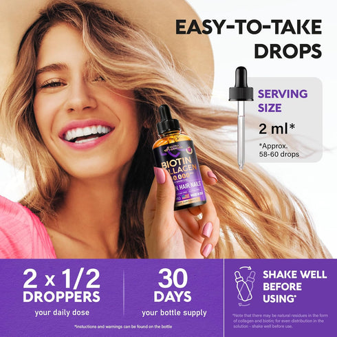 Liquid Biotin & Collagen - Vitamins for Hair Growth Support for Women & Men - Extra Strength 60000 mcg Drops