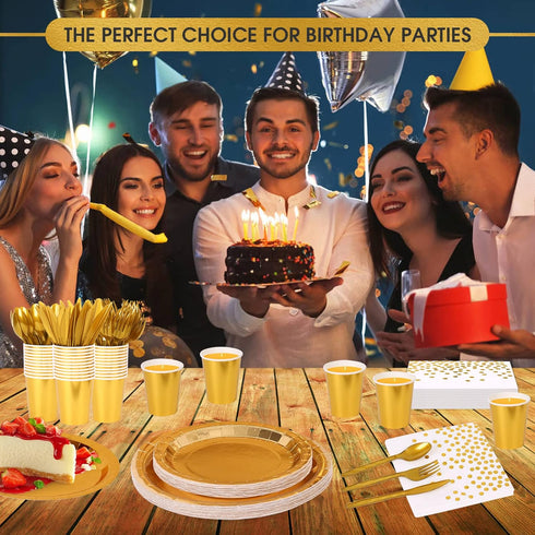 175 Pieces Gold Disposable Party Dinnerware Set - Gold Plates, Napkins, Cups, Plastic Forks, Knives, Spoons