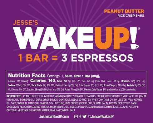 WAKE UP! Caffeinated Peanut Butter Protein Bars, Gluten Free, 350mg Caffeine, 6 Pack, Boosts Focus and Clarity