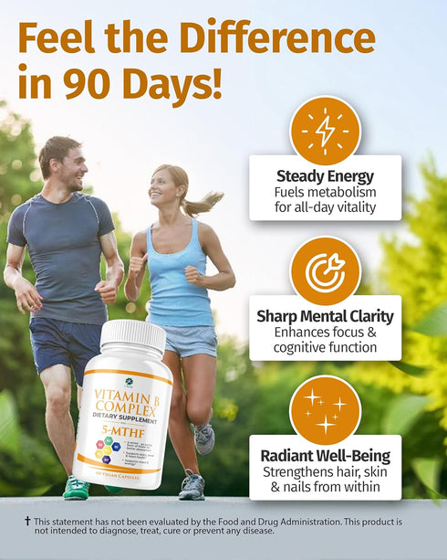 1 Body Vitamin B Complex, High Potency Methylated B12 & 5-MTHF Folate for Energy & Brain Support, 60 Capsules
