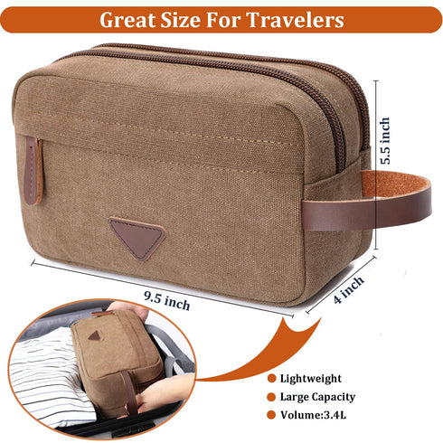 Mactso Mens Travel Toiletry Bag, Canvas Leather Cosmetic Makeup Organizer with Double Compartments (Coffee)