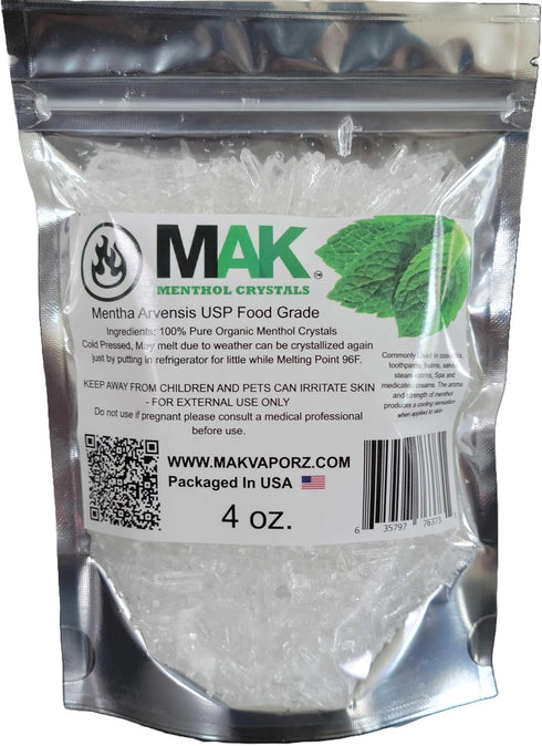 Mak Menthol Crystal 4 oz - Pure Organic 100% Natural Menthol Crystals from Mint, Resealable Standup Bag