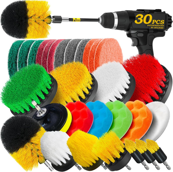 Holikme 30Pack Drill Brush Attachments Set - Power Scrubber Brush with Extend Long Attachment for All Purpose Cleaning