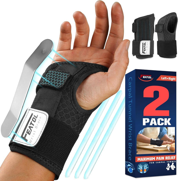 FEATOL 2 Pack Carpal Tunnel Wrist Brace with Adjustable Splint, Daytime Support for Women Men, Pain Relief for Typing
