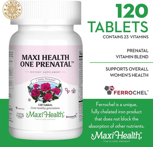 Maxi Health One Prenatal | Women's Prenatal Vitamins with Iron | Enhanced Absorption & Bioavailability | 120 Capsules