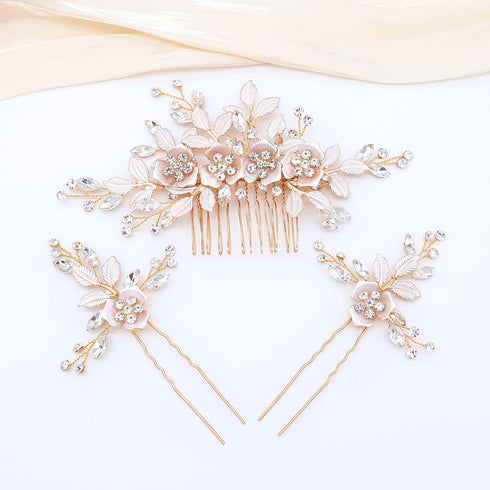 Oriamour Hair Side Combs with 2 Set Hair Pins, Bridal Hair Accessories Wedding Headpiece Set (Gold)