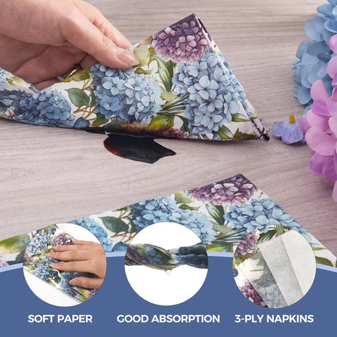 Homlouue 100PCS Watercolor Hydrangea Floral Napkins, 3 Ply Disposable Guest Towels for Spring Summer Fall