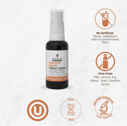 Bee and You Propolis Ginger Raw Honey Soothing Throat Spray, 1 Fl Oz, Ultra Pure Immune Support Supplement