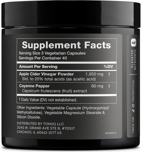 Toniiq 2,010mg 20% 120 Apple Cider Vinegar Capsules - Ultra High Potency Formula with Acetic Acid & Cayenne Pepper