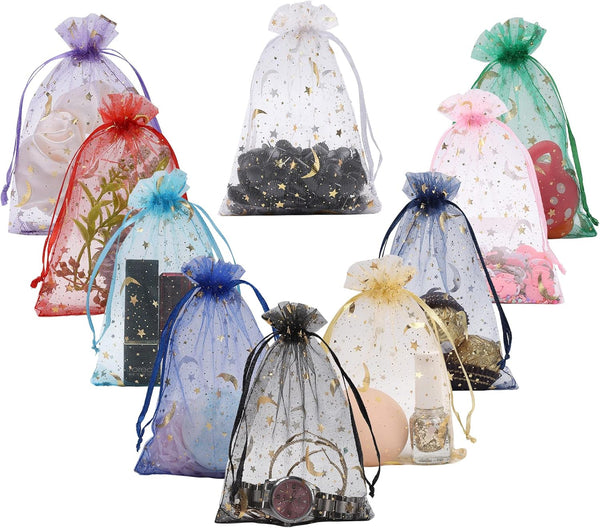 WenTao 100PCS Mixed Color Star Wedding Favor Bags, Sheer Organza Drawstring Gift Bags, Size 4x6