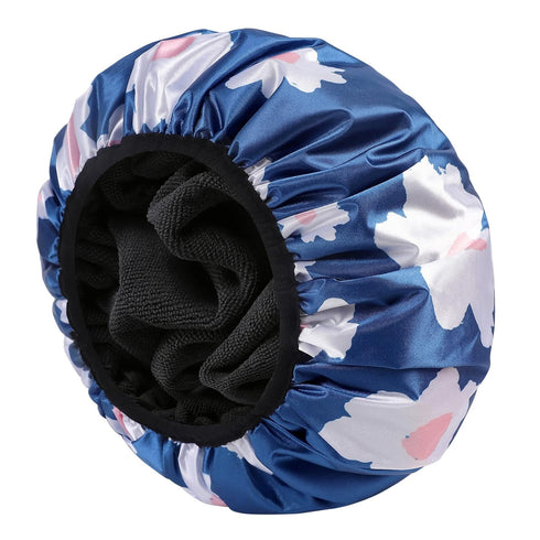 YIZIJIZI Terry Lined Shower Cap, Triple Layer Large Reusable Waterproof Cap for Long Thick Hair, Blue