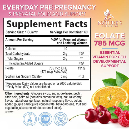 Gummies 785 Gummy, B9 60 Gummies Folic Acid for Women - Folate mcg Per Serving - Essential Prenatal Vitamins for Mom