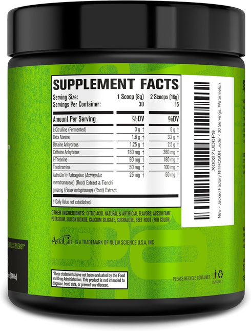 Jacked Factory NITROSURGE Pre Workout Supplement - Watermelon, 30 Servings, Clear Focus, Intense Pumps, NO Booster &