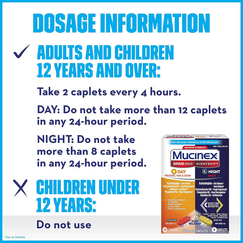 Mucinex Maximum Strength Sinus-Max Caplets, 20 caplets (12 Day + 8 Night) for Pressure, Pain & Cough Relief
