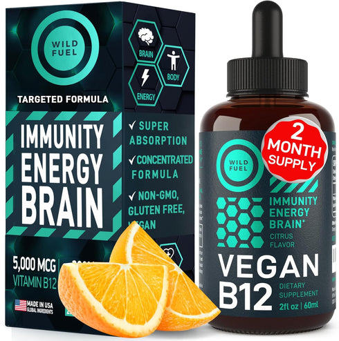 Vegan Vitamin B12 Liquid Drops - Fast-Acting 60 x 5000mcg Methylcobalamin Supplement - Energy, Memory, Mood Support -