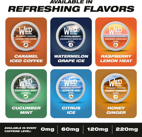 Wild Pouches 60mg 20 Wild Caffeine Pouches Nicotine Free Citrus Ice - x Energy Pouches - Caffeine Pouch
