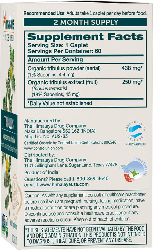Himalaya Organic Tribulus Terrestris, Herbal Supplement for Urinary Support and Flow, Bladder Function, Prostate Support, Stamina, Male Energy, Non-GMO, USDA Organic, Vegan, 688 mg, 60 Caplets