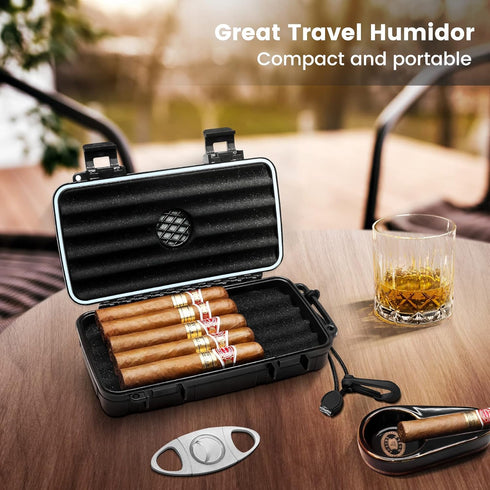 Flauno Travel Cigar Humidor Case, Portable Cigar Box with Humidifier Disc & Cigar Cutter, Waterproof and Crushproof
