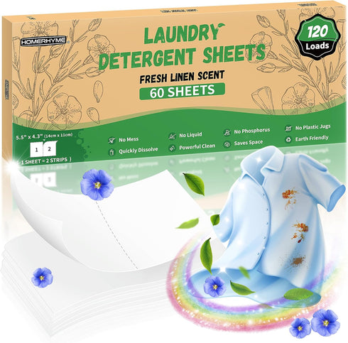 Laundry Detergent Sheets, Fresh Linen Scent, 120 Loads (60 Sheets), Plastic Free, Eco Friendly & Hypoallergenic