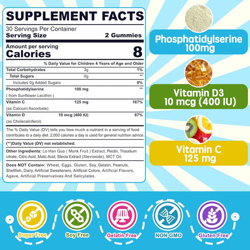 Sugar Free Phosphatidylserine Supplement 100mg, Kids Brain Gummies w/ Vitamin D3 400IU, Vitamin C for Focus & Memory, Concentration, Attention, Bone & Immunity, Tasty Chewable Orange Flavor, 120 Cts
