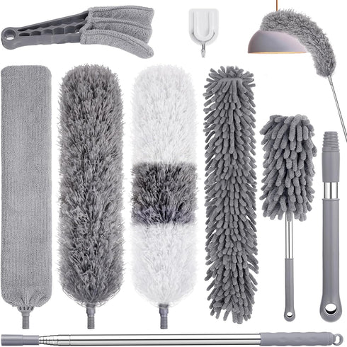 Dusters for Cleaning, 9Pcs Feather Duster with Extension Pole Up to 100'', Bendable Washable Long Duster