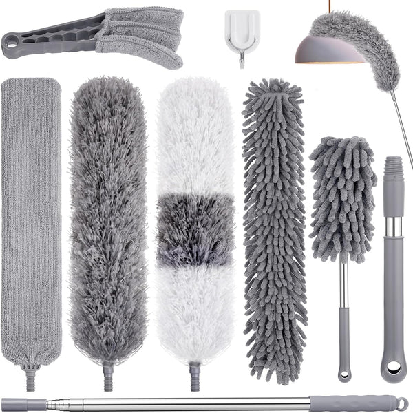 Dusters for Cleaning, 9Pcs Feather Duster with Extension Pole Up to 100'', Bendable Washable Long Duster