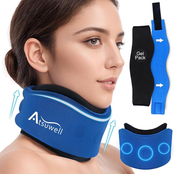 Atsuwell Neck Brace for Sleeping, Soft Cervical Collar for Neck Pain, Adjustable Support with Hot Cold Gel Packs