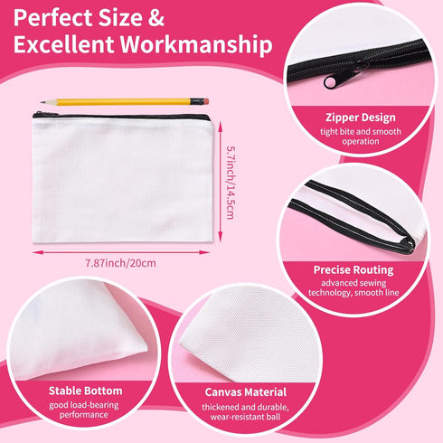 24Pcs Sublimation Blank Canvas Makeup Bags, AMADAILY Bulk Blank DIY Heat Transfer Cosmetic Makeup Bags w/Black Zipper for Bridesmaid Makeup Bag Travel Toiletry Pouch Storage (White, 7.87 x 5.7 Inch)