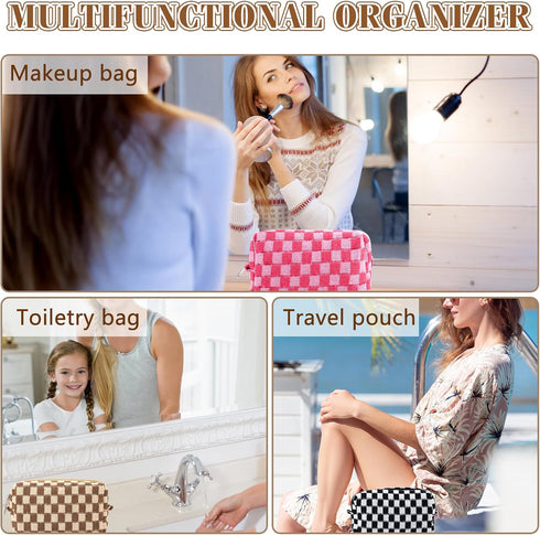 4Pcs Checkered Makeup Bag for Women, Knitted Small Cosmetic Pouch, Cute Aesthetic Travel Toiletry Organizer