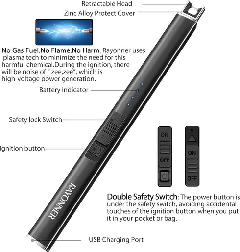 Electric Lighter with Safety Lock, USB Rechargeable Windproof & Flameless Plasma Arc Lighter for Easter Basket Stuffers