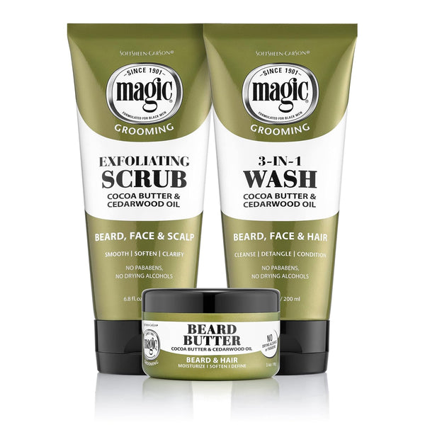 Softsheen-Carson Magic Shaving Beard Grooming Kit for Men, Cedarwood Oil Beard Butter, Scrub and Cleanser Gift Set