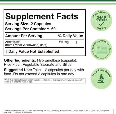 Double Wood Artemisinin (Sweet Wormwood Cleanse) 200mg, 120 Vegan Capsules (Two Month Supply) Non-GMO, Gluten Free