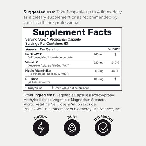 Ultra High Potency 1400mg NAD Supplement - NAD Booster Nicotinamide Riboside Supplement - NAD+ Nicotinamide B3 Blend with D-Ribose, Niacin -with RiaGev - 3rd Party Tested (60 Count (Pack of 1))