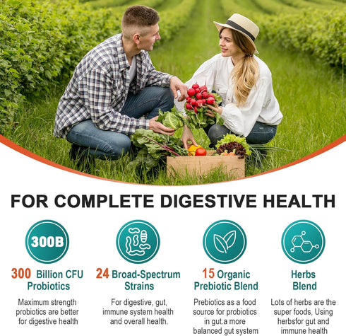 Probiotics for Women & Men, 300 Billion CFU, 24 Strains Probiotic + 15 Organic Herbs Prebiotics Blend, 2 Months Supply