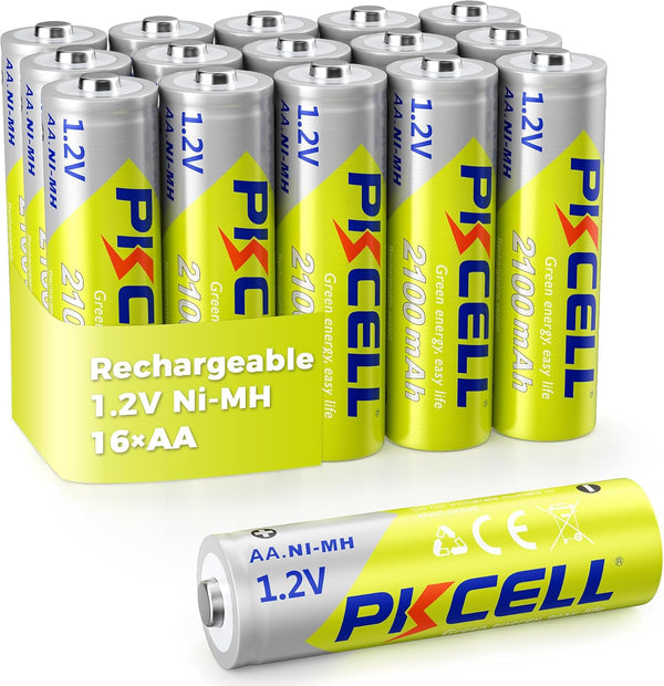 PKCELL Rechargeable AA Batteries 16-Pack, 2100mAh 1.2V NiMH AA Rechargeable Batteries, 1200+ Charging